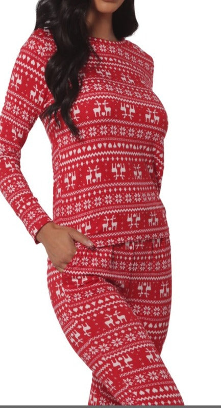 Womens Holiday Print Pajamas Set Top & Jogger(Red)