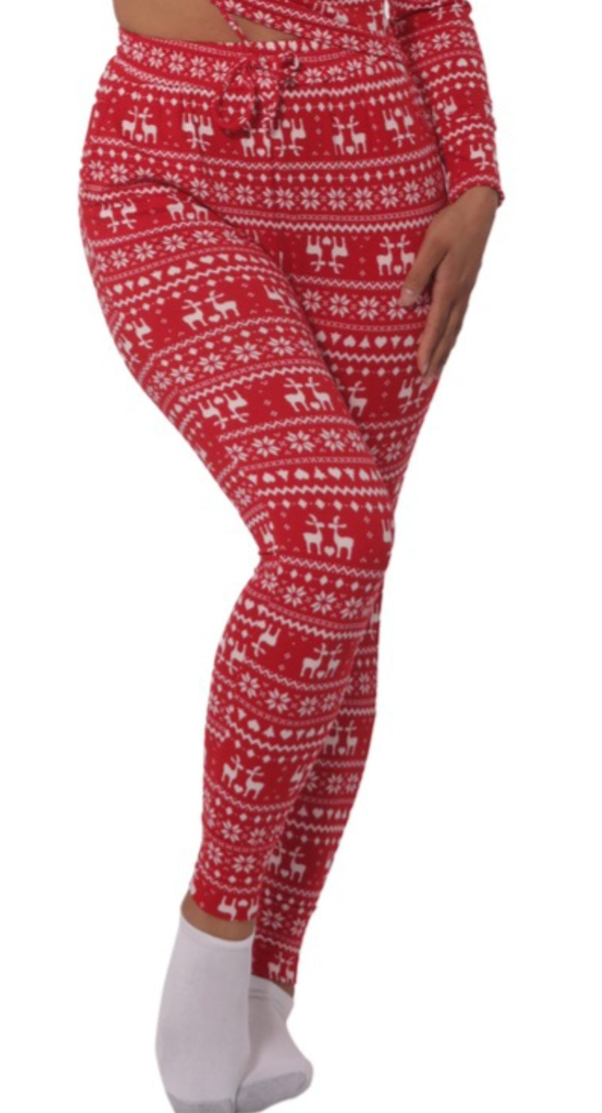 Womens Holiday Print Pajamas Set Top & Jogger(Red)