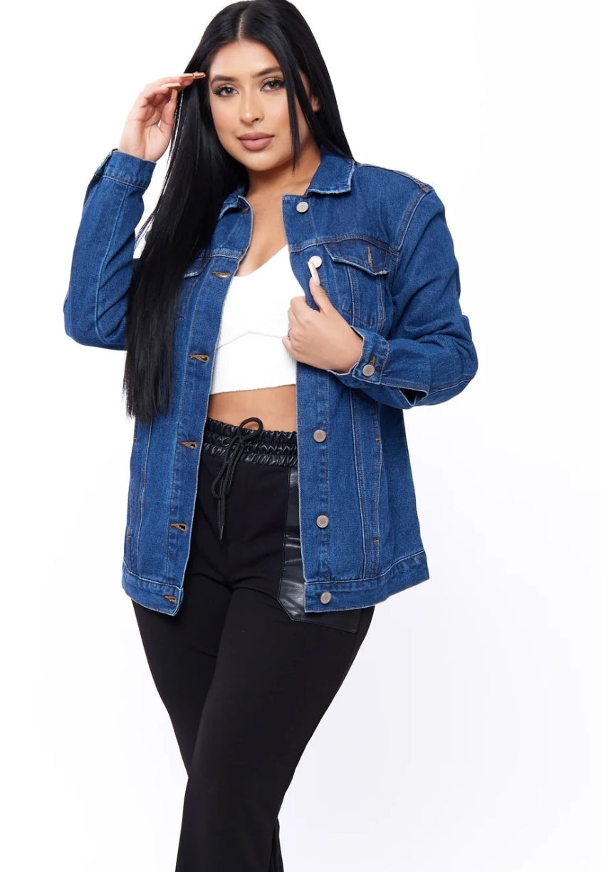 Veste en Jean Coupe Boyfriend Bleu Foncé avec poches