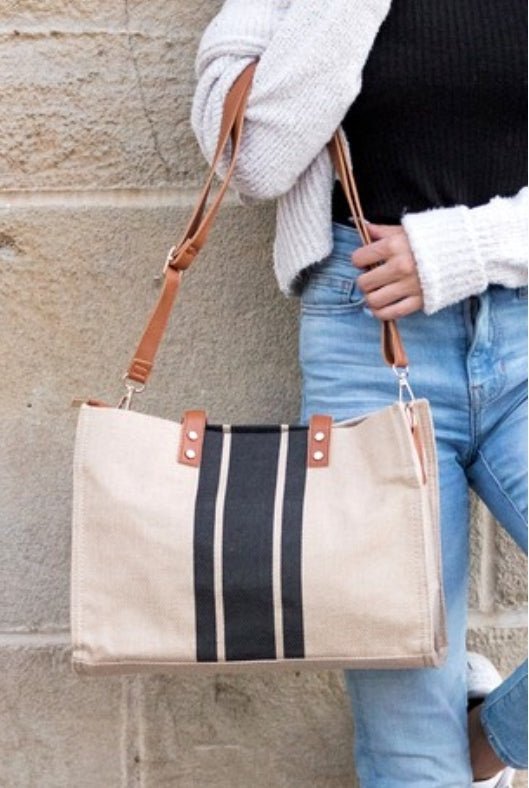 Black and Brown Canvas Stripe Tote with Gold Detailand Crossbody Strap