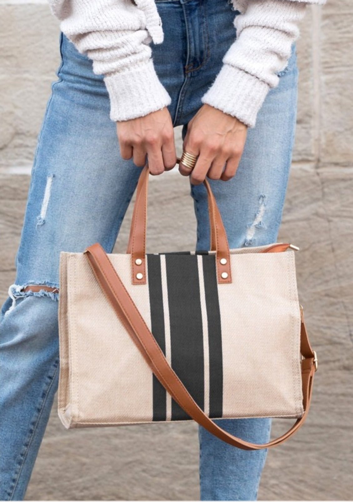 Black and Brown Canvas Stripe Tote with Gold Detailand Crossbody Strap