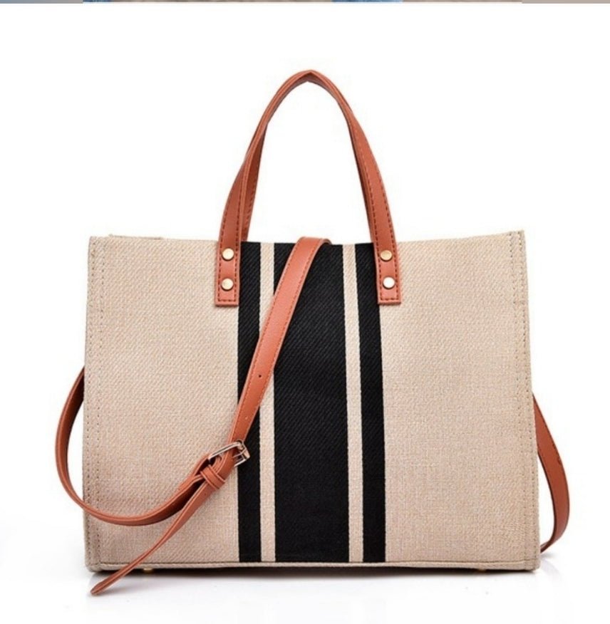 Black and Brown Canvas Stripe Tote with Gold Detailand Crossbody Strap