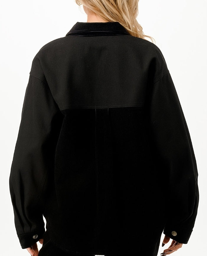 OVERSIZED CONTRAST TWILL SHACKET IN BLACK