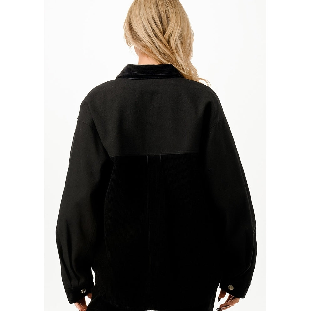 OVERSIZED CONTRAST TWILL SHACKET IN BLACK