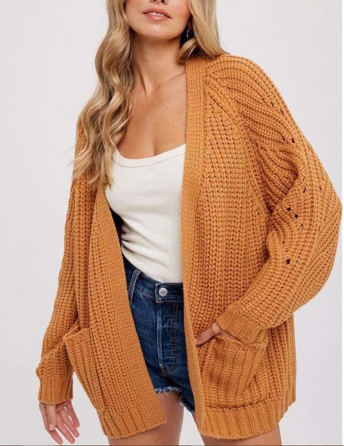 CARAMEL CHUNKY POINTELLE OPEN FRONT CARDIGAN