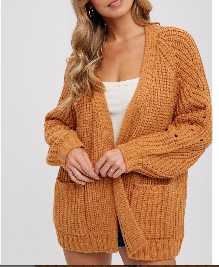 CARAMEL CHUNKY POINTELLE OPEN FRONT CARDIGAN