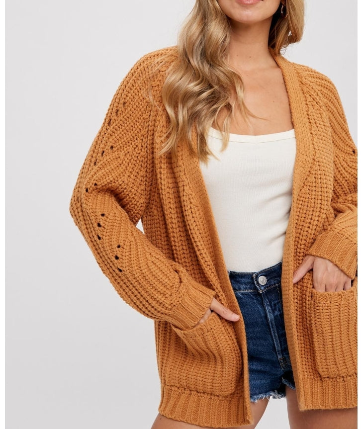 CARAMEL CHUNKY POINTELLE OPEN FRONT CARDIGAN