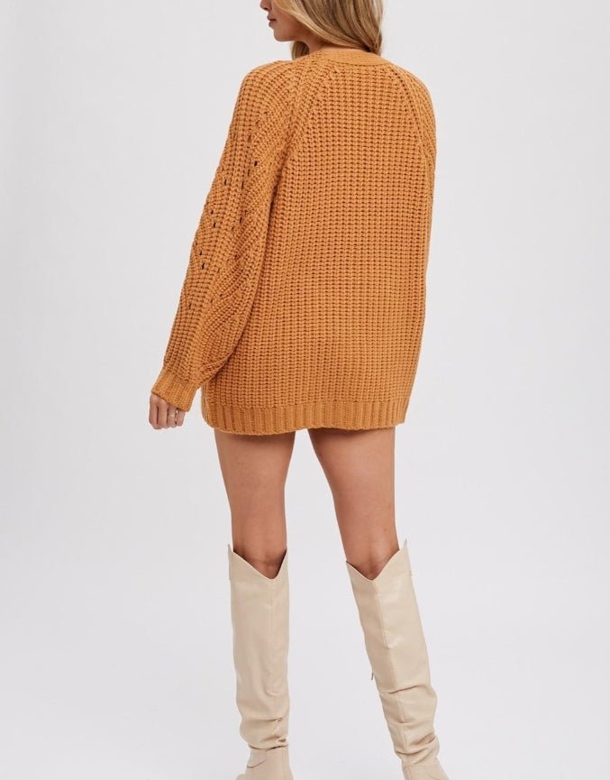 CARAMEL CHUNKY POINTELLE OPEN FRONT CARDIGAN