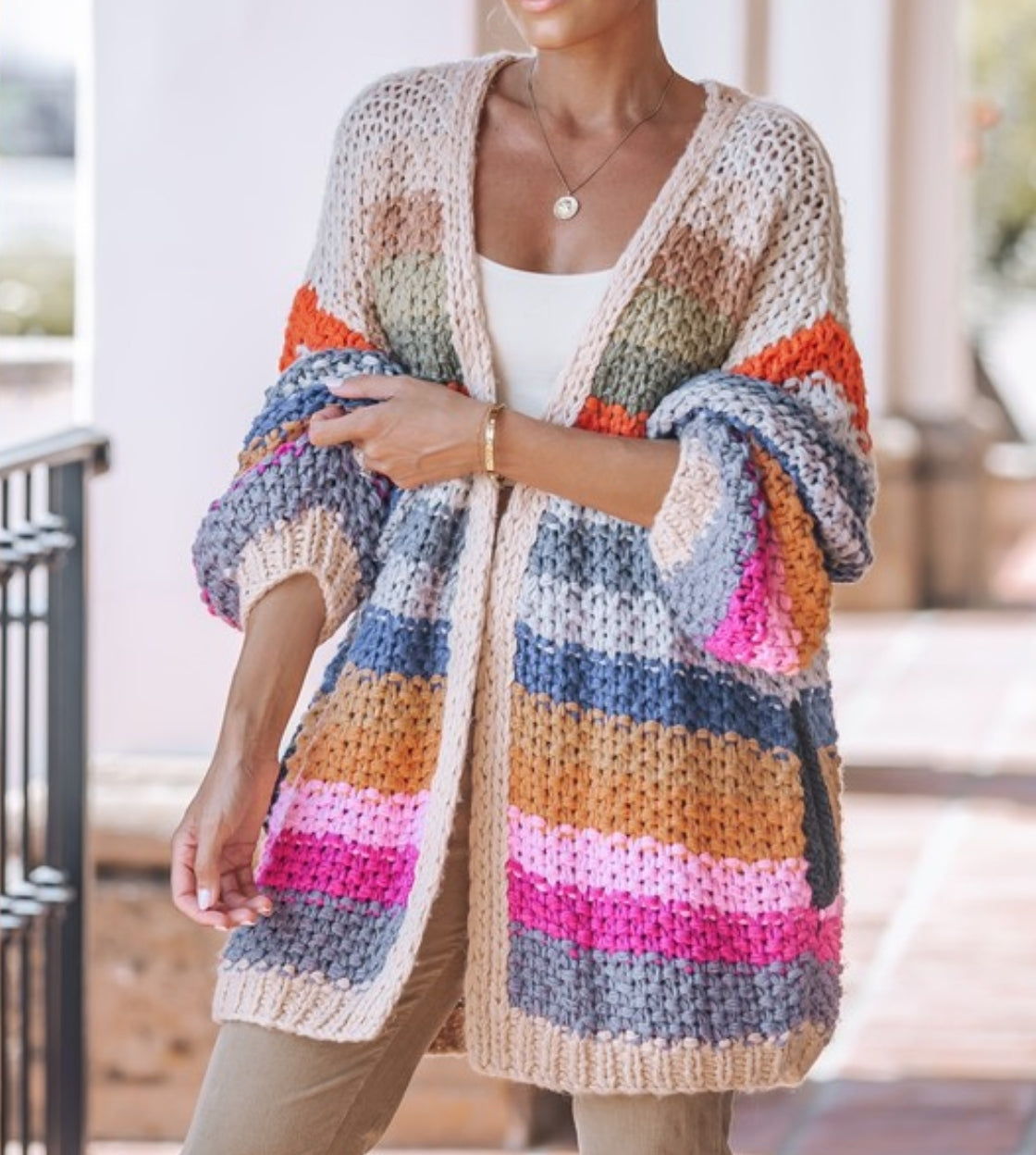 COLOR BLOCK LONG CARDIGAN WITH POCKETS