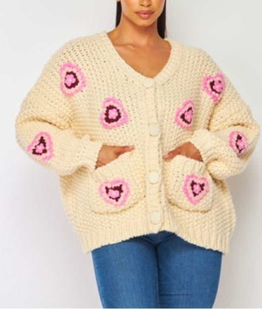 Floral Heart Chunky Knit Cardigan Sweater