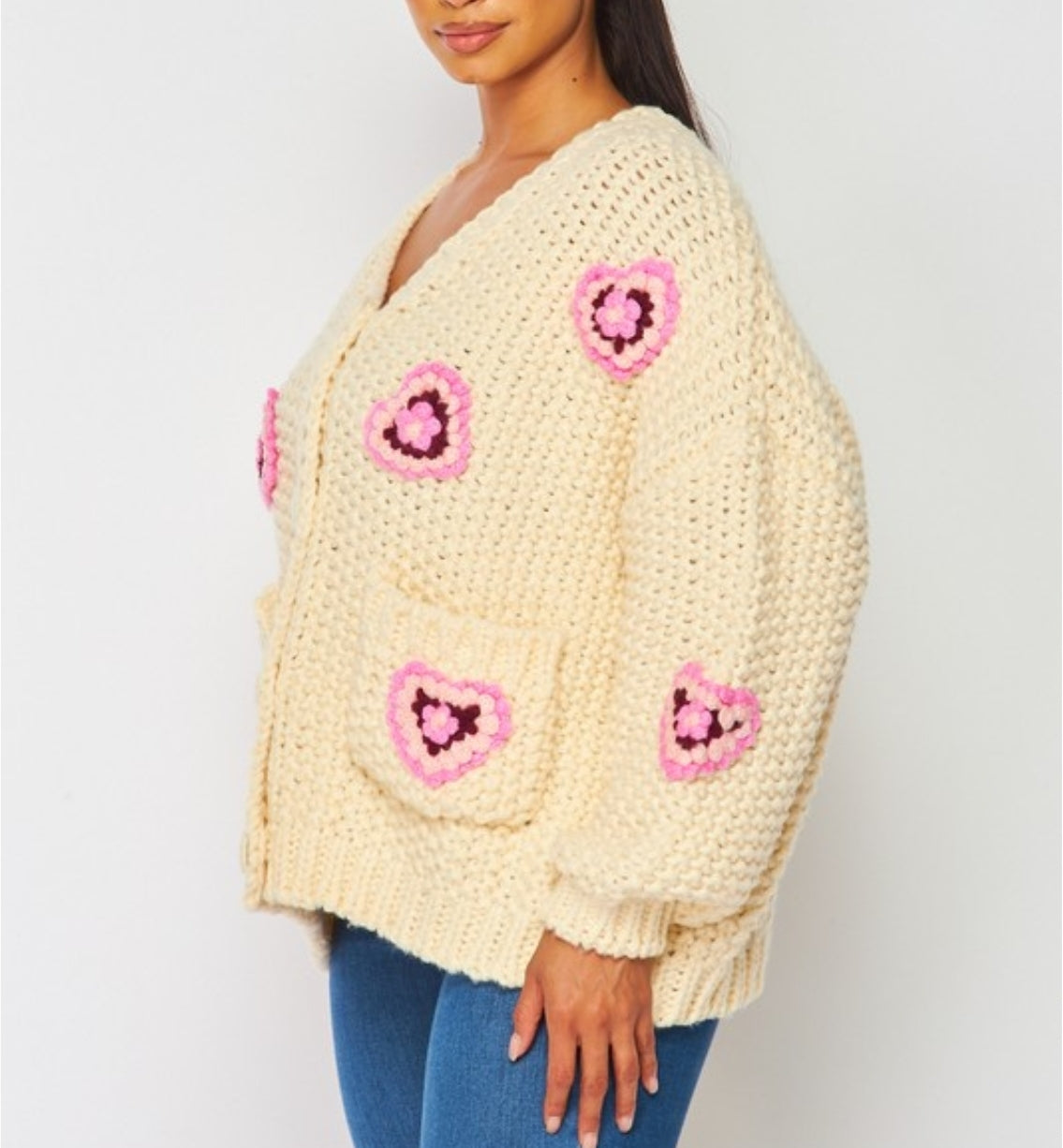 Floral Heart Chunky Knit Cardigan Sweater