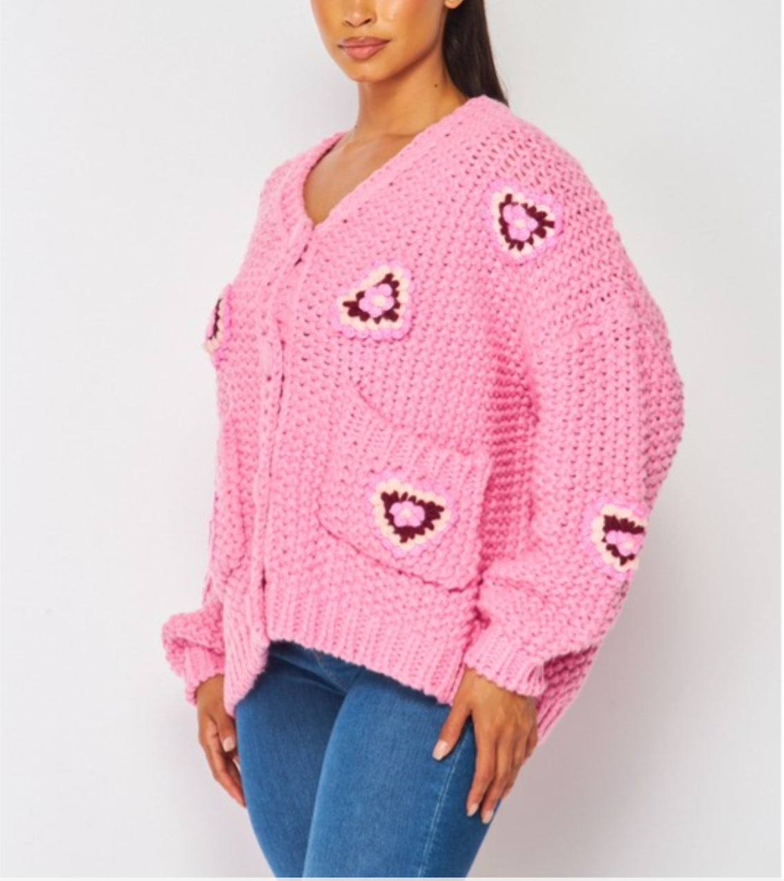 Floral Heart Chunky Knit Cardigan Sweater