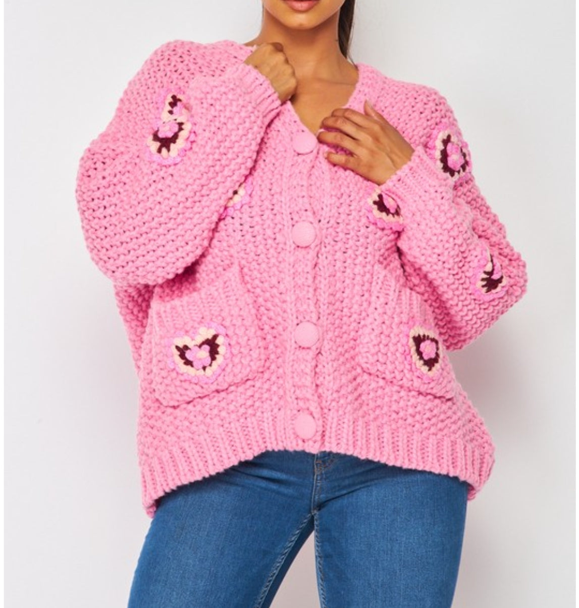 Floral Heart Chunky Knit Cardigan Sweater