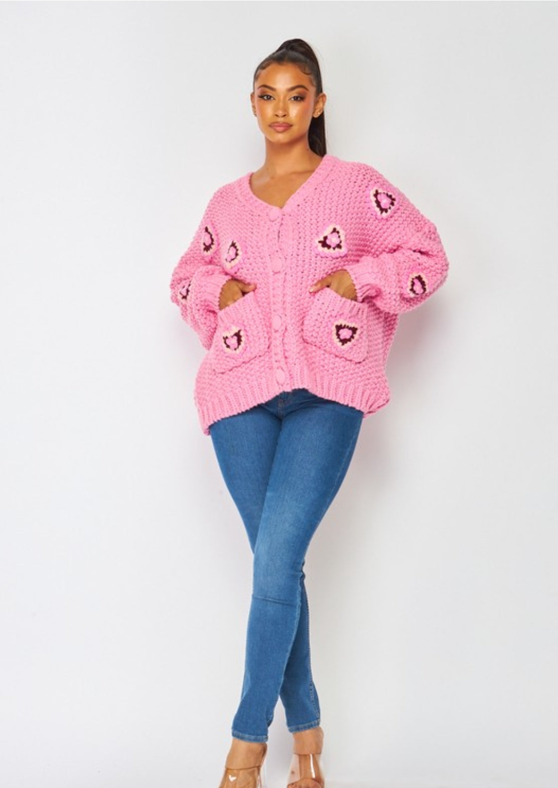 Floral Heart Chunky Knit Cardigan Sweater