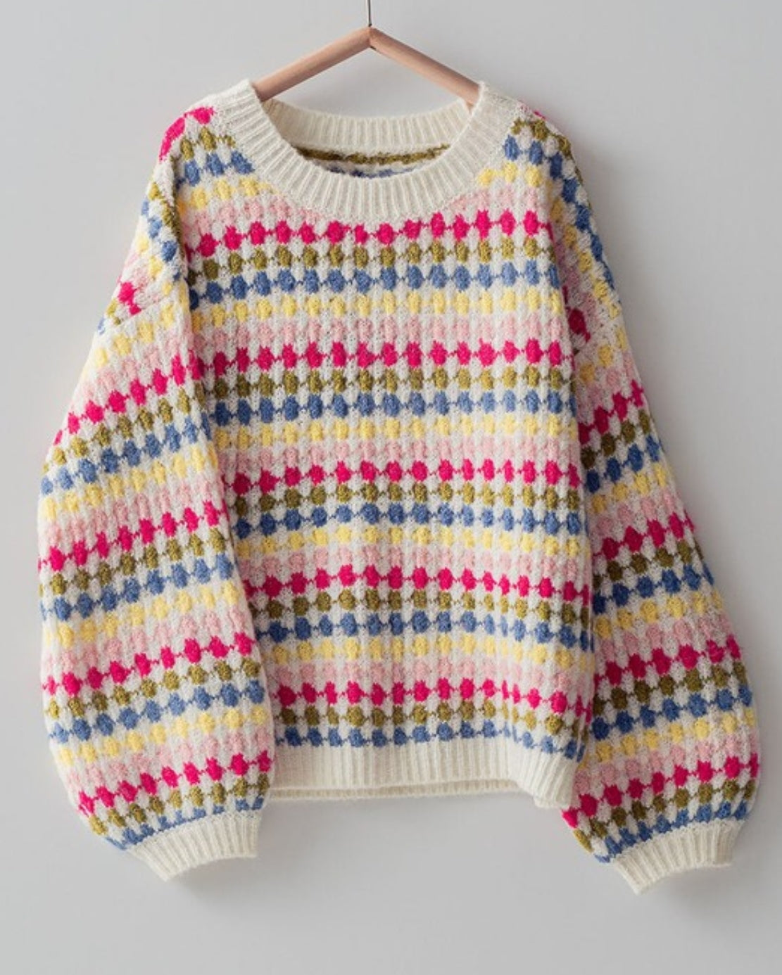 CREW NECK MULTICOLOR PATTERN KNIT SWEATER