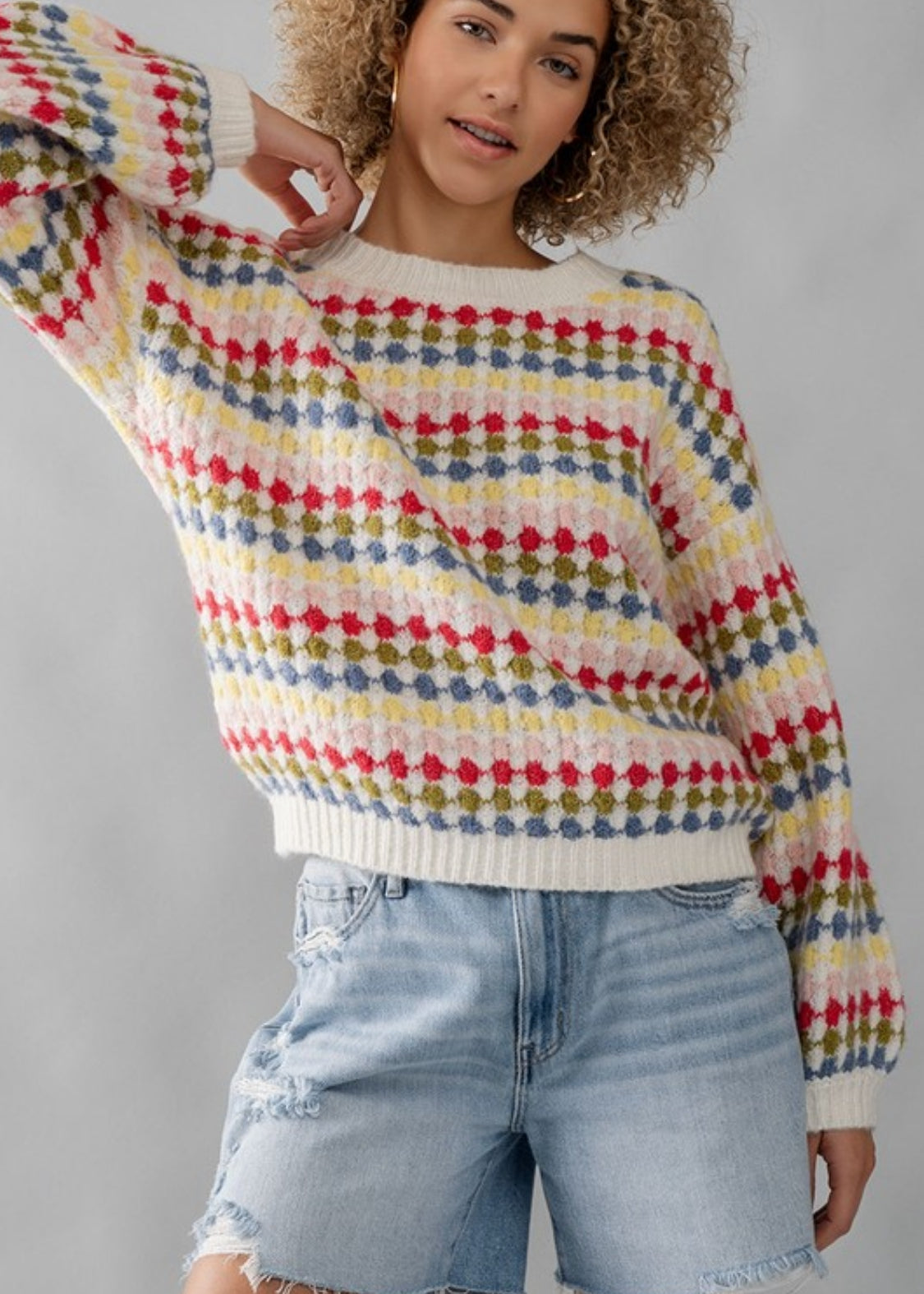 CREW NECK MULTICOLOR PATTERN KNIT SWEATER