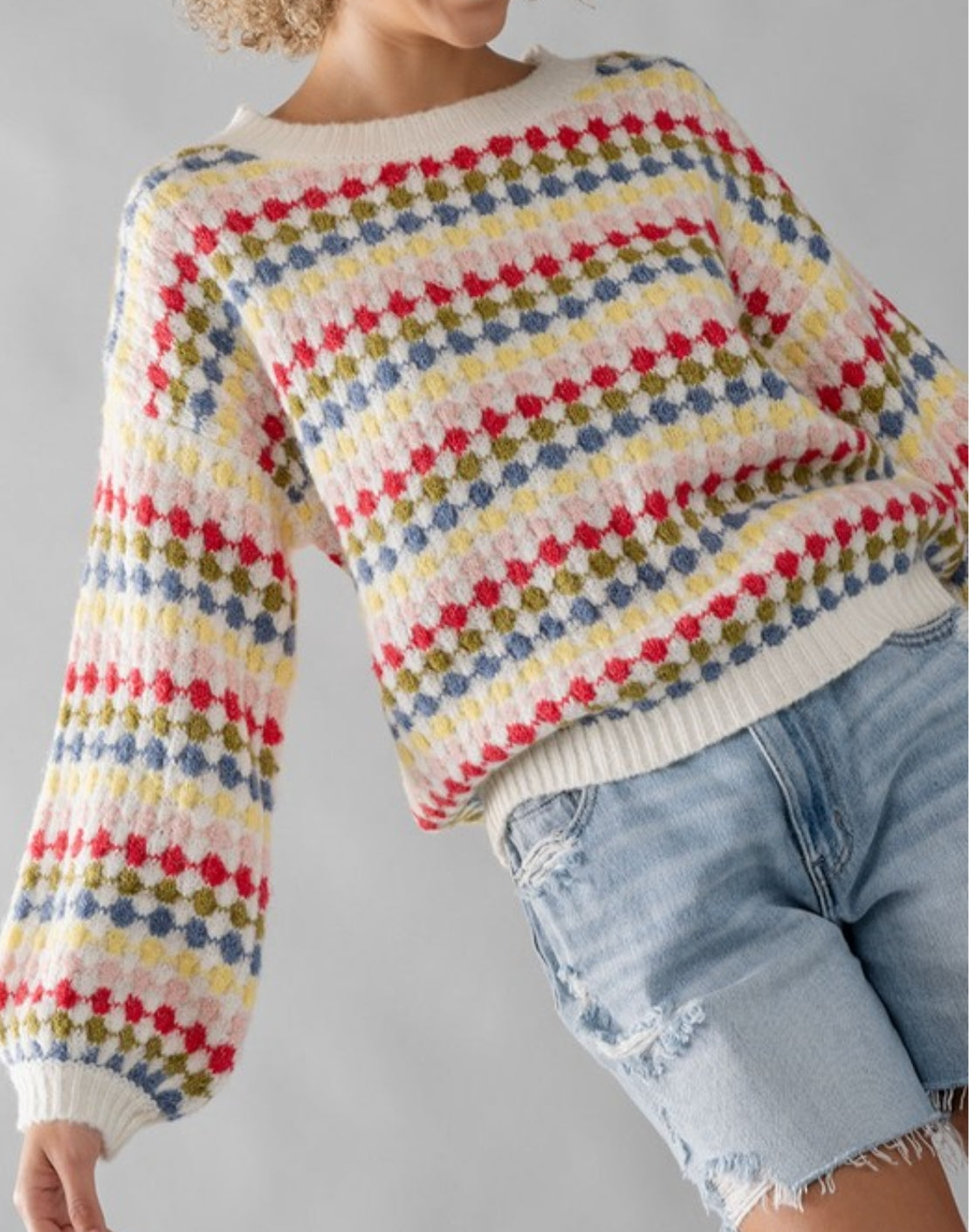 CREW NECK MULTICOLOR PATTERN KNIT SWEATER