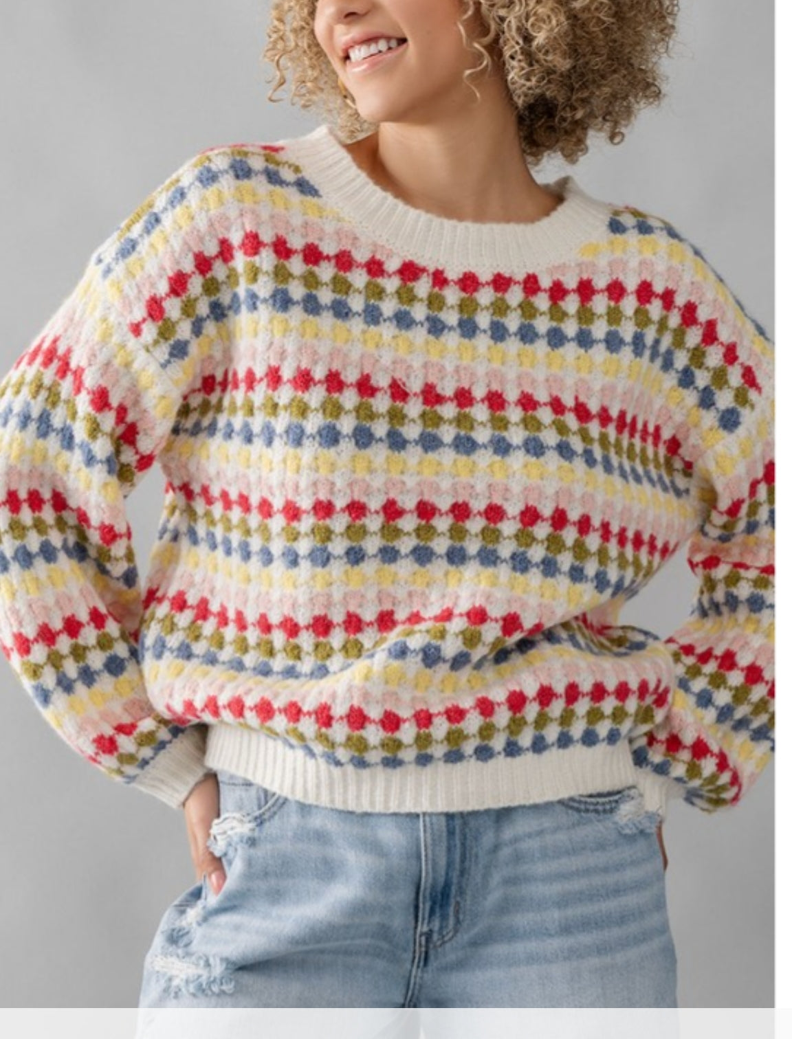 CREW NECK MULTICOLOR PATTERN KNIT SWEATER