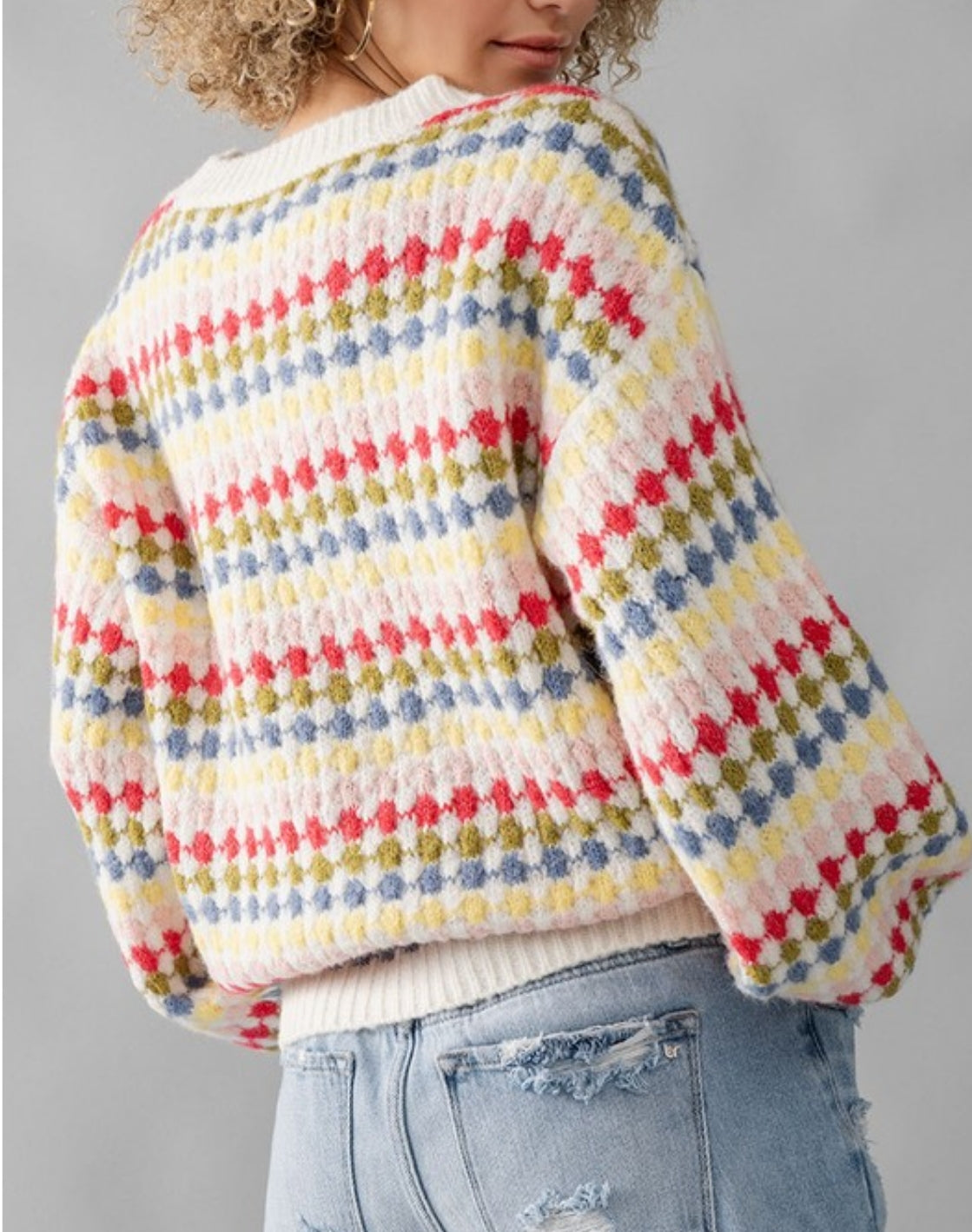 CREW NECK MULTICOLOR PATTERN KNIT SWEATER