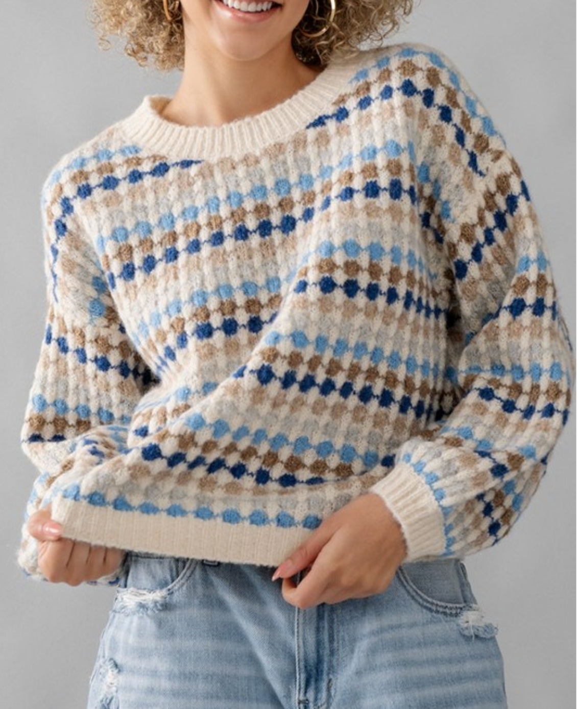 CREW NECK MULTICOLOR PATTERN KNIT SWEATER