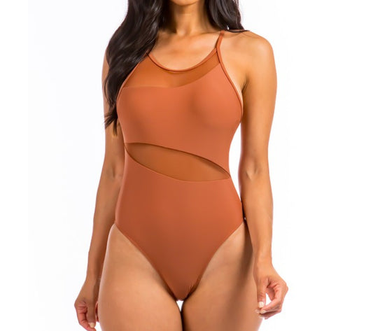 BROWN ONE PIECE MESH CUT OUT BATHING SUIT