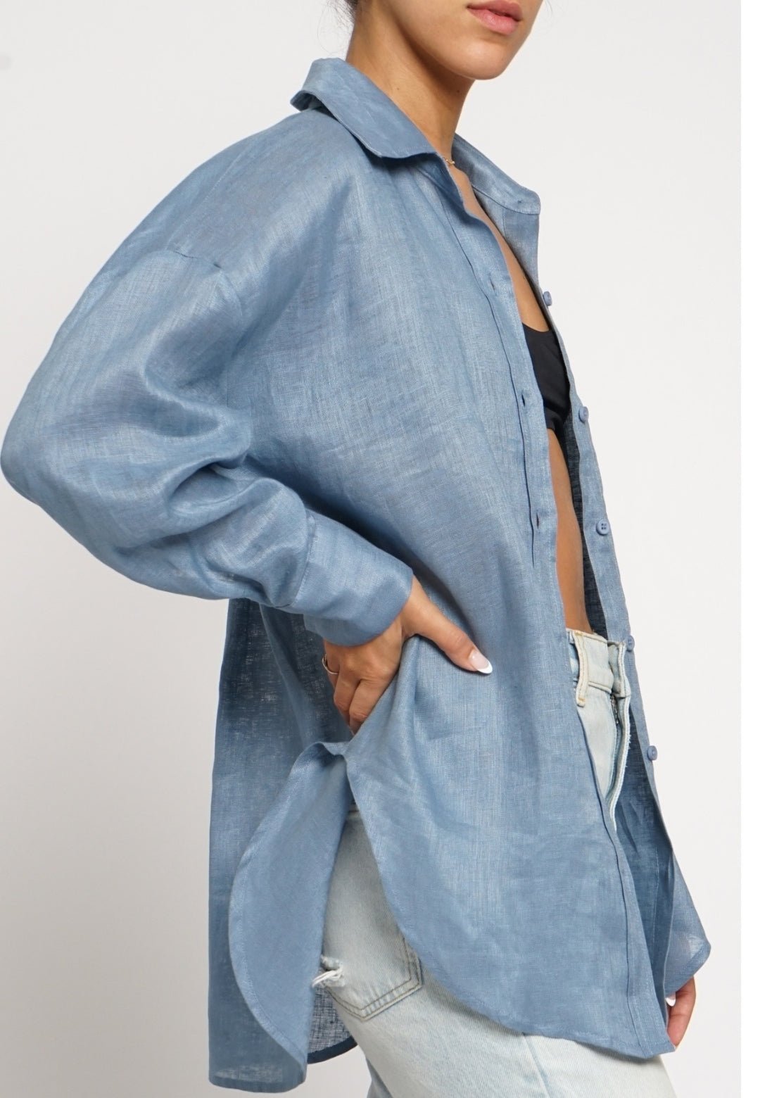 Blue linen button down shirt