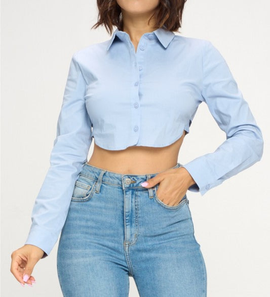 Blue Open Back Long Sleeve Polin Blouse