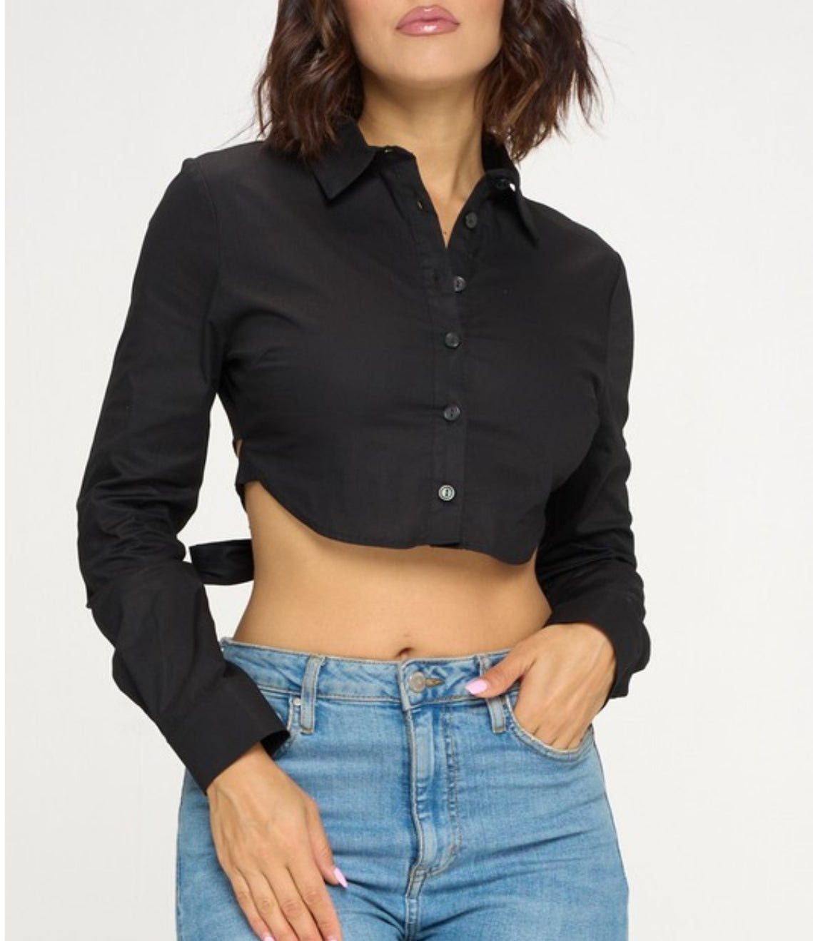 Black Open Back Long Sleeve Polin Blouse