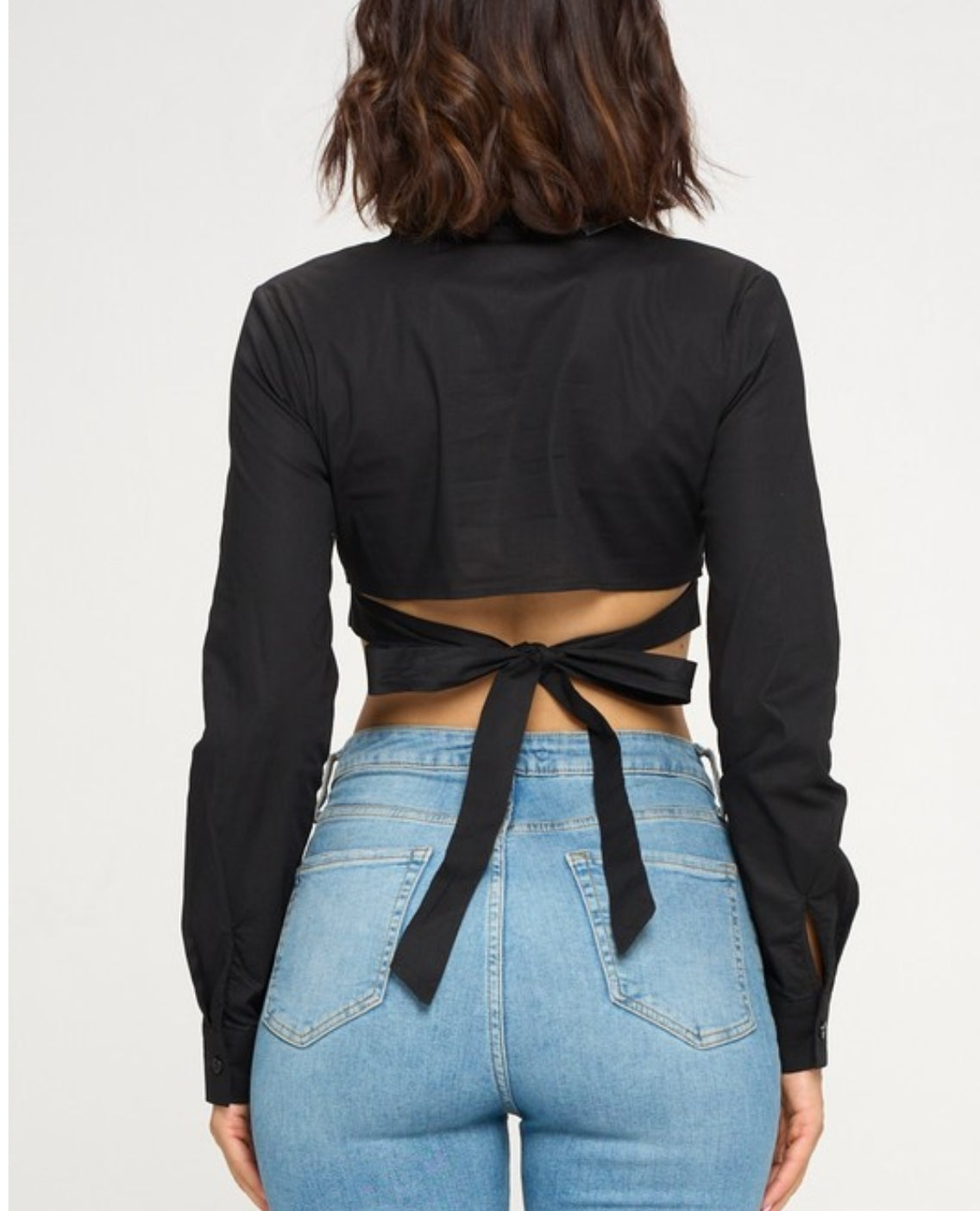 Black Open Back Long Sleeve Polin Blouse