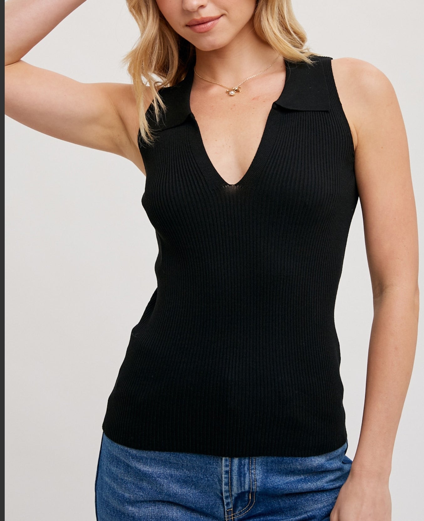 Sleeveless Ribbed Knit Collared V-Neck Top (several colors)