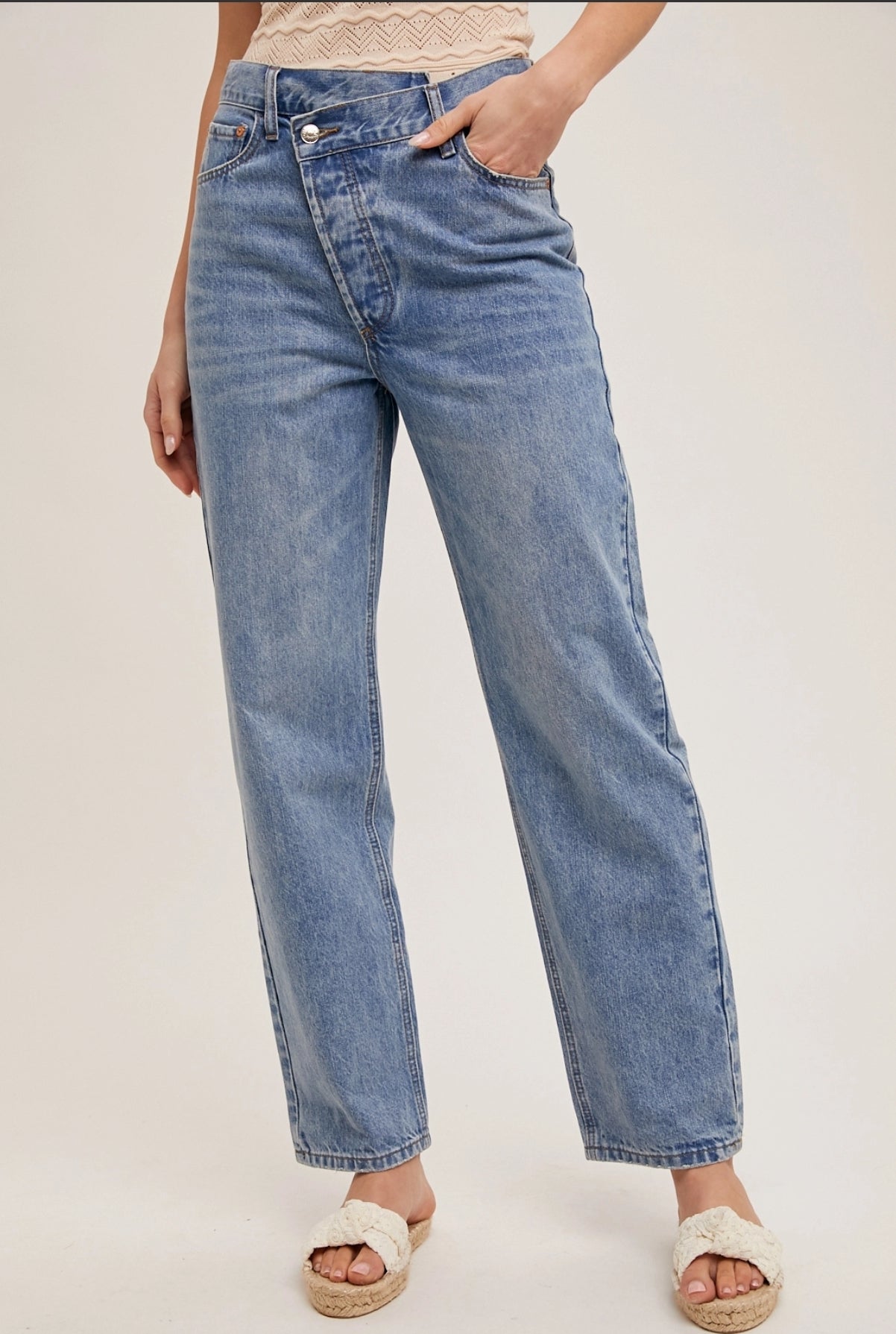 Light Blue Denim Asymmetrical Waist Straight Leg Jeans