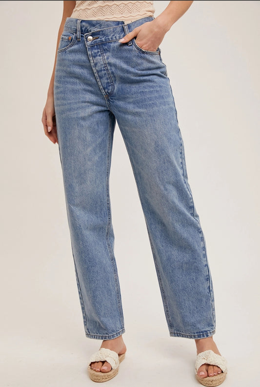 Light Blue Denim Asymmetrical Waist Straight Leg Jeans