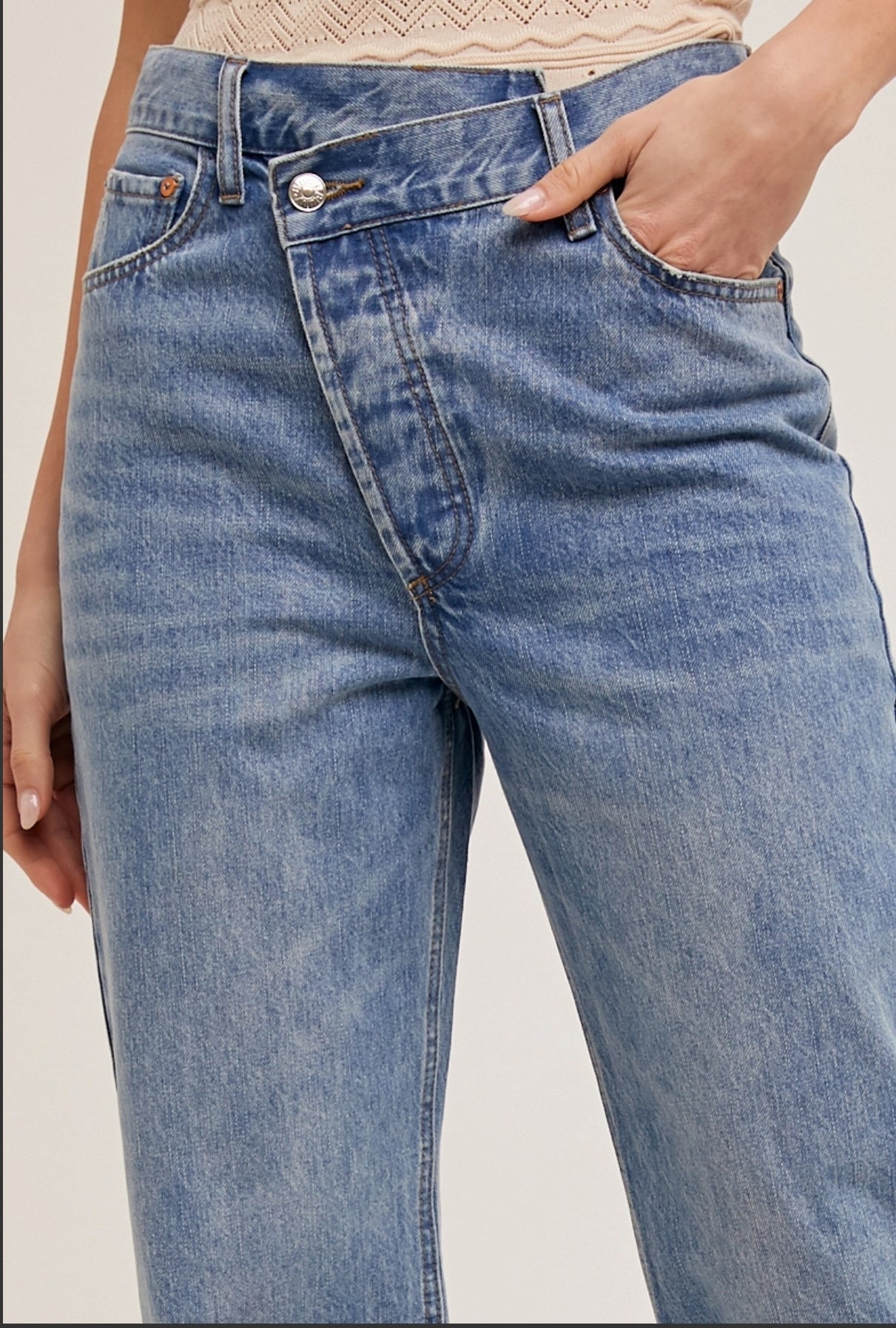 Light Blue Denim Asymmetrical Waist Straight Leg Jeans