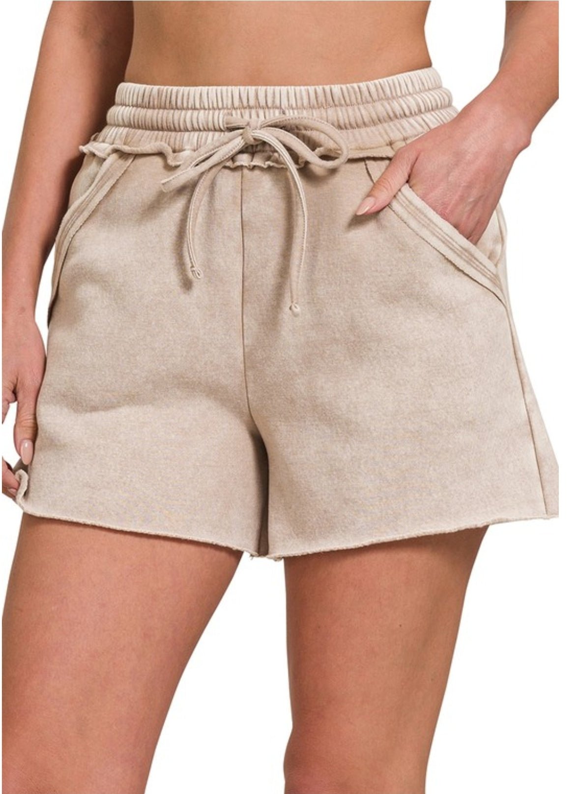 Acid Washed Fleece lined Drawstring Shorts with Pockets in ash mocha