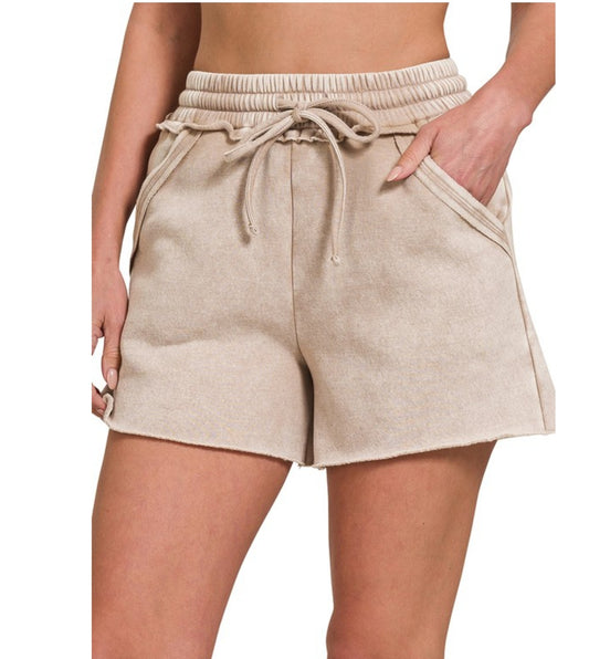 Acid Washed Fleece lined Drawstring Shorts with Pockets in ash mocha