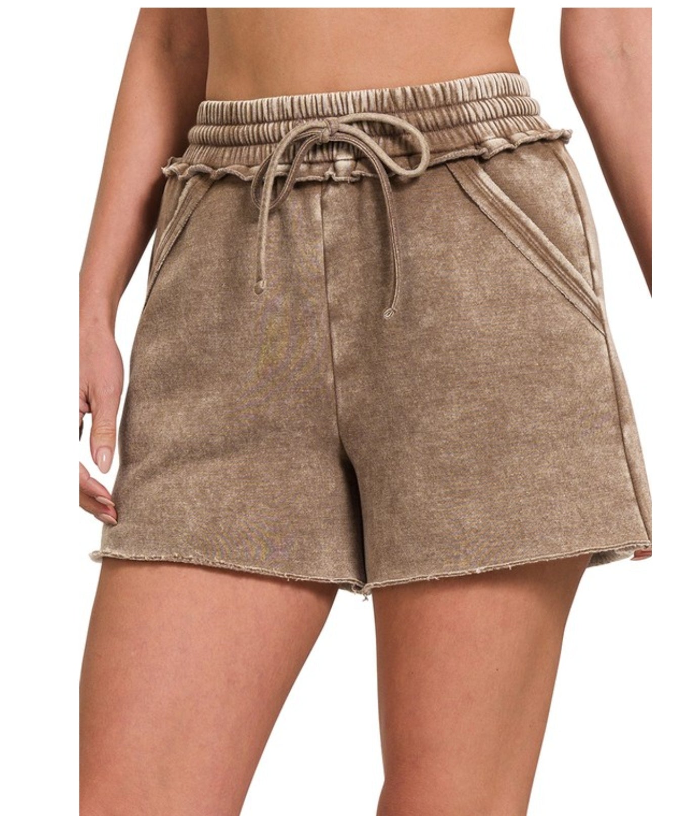 Acid Washed Fleece lined Drawstring Shorts with Pockets in mocha