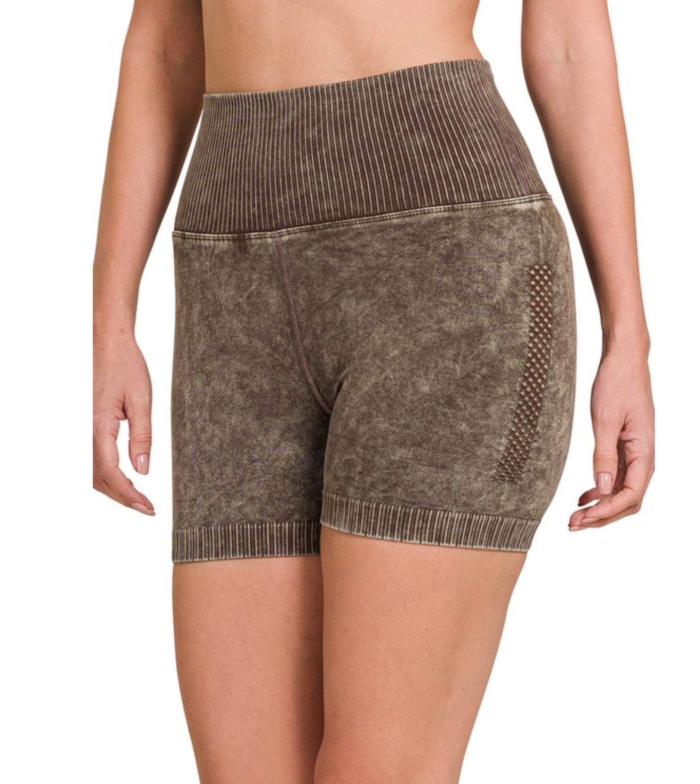 Washed Seamless High Waisted Shorts  in Brown