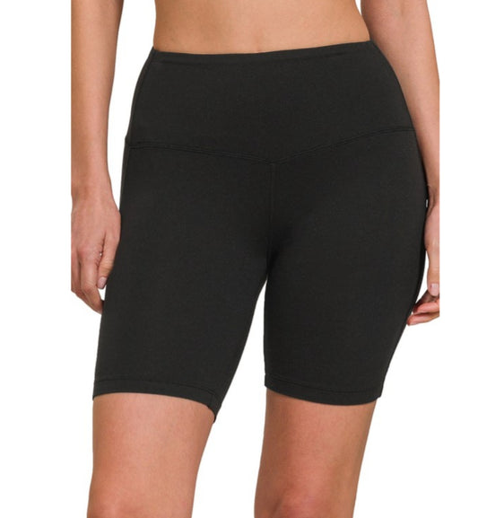 Brushed Wide Waistband Biker Shorts in Black