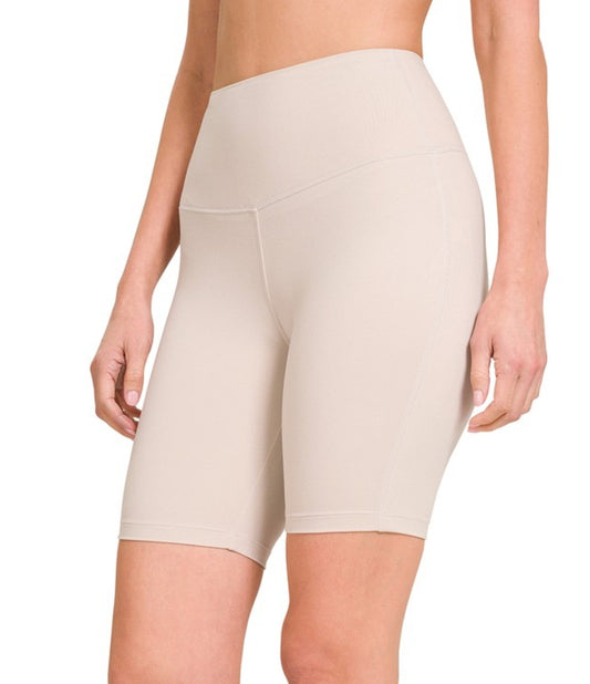 Brushed Wide Waistband Biker Shorts in sand beige