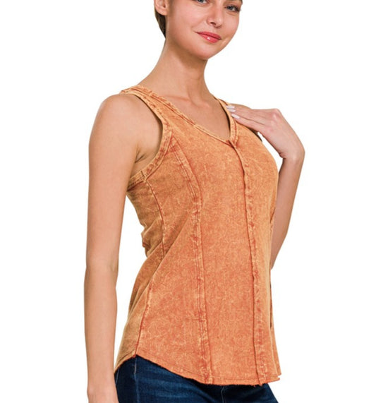 Crinkle Washed french Terry Raw Edge Tank Top in Rust