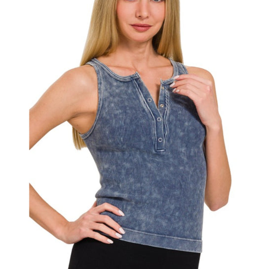 WASHED RIBBED BUTTON -UP TANK TOP in BLackberry