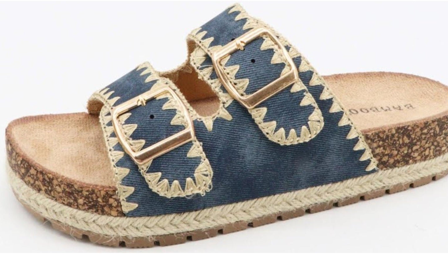 Blue Low Heel Cork Slip-on Sandal