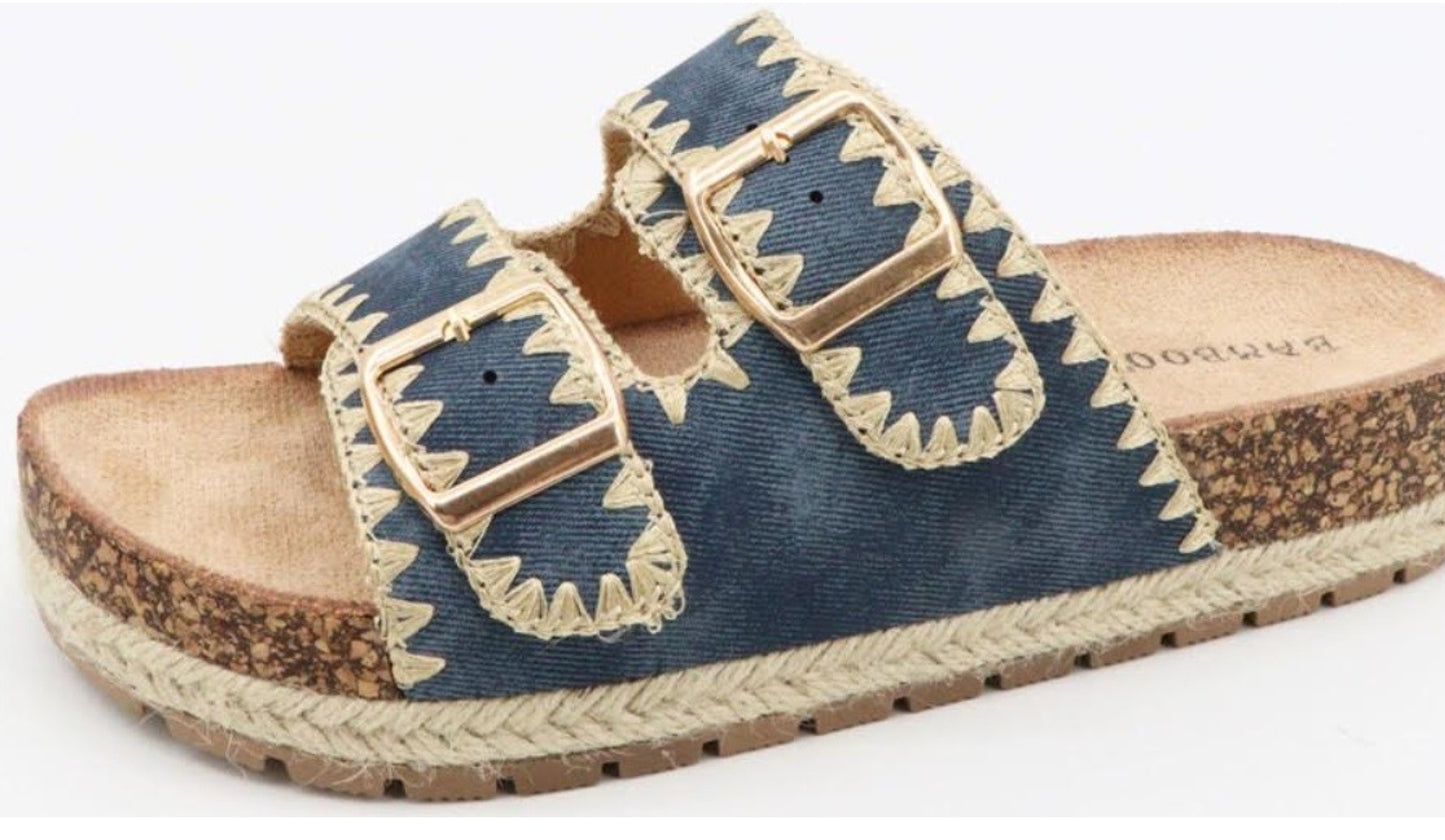 Blue Low Heel Cork Slip-on Sandal