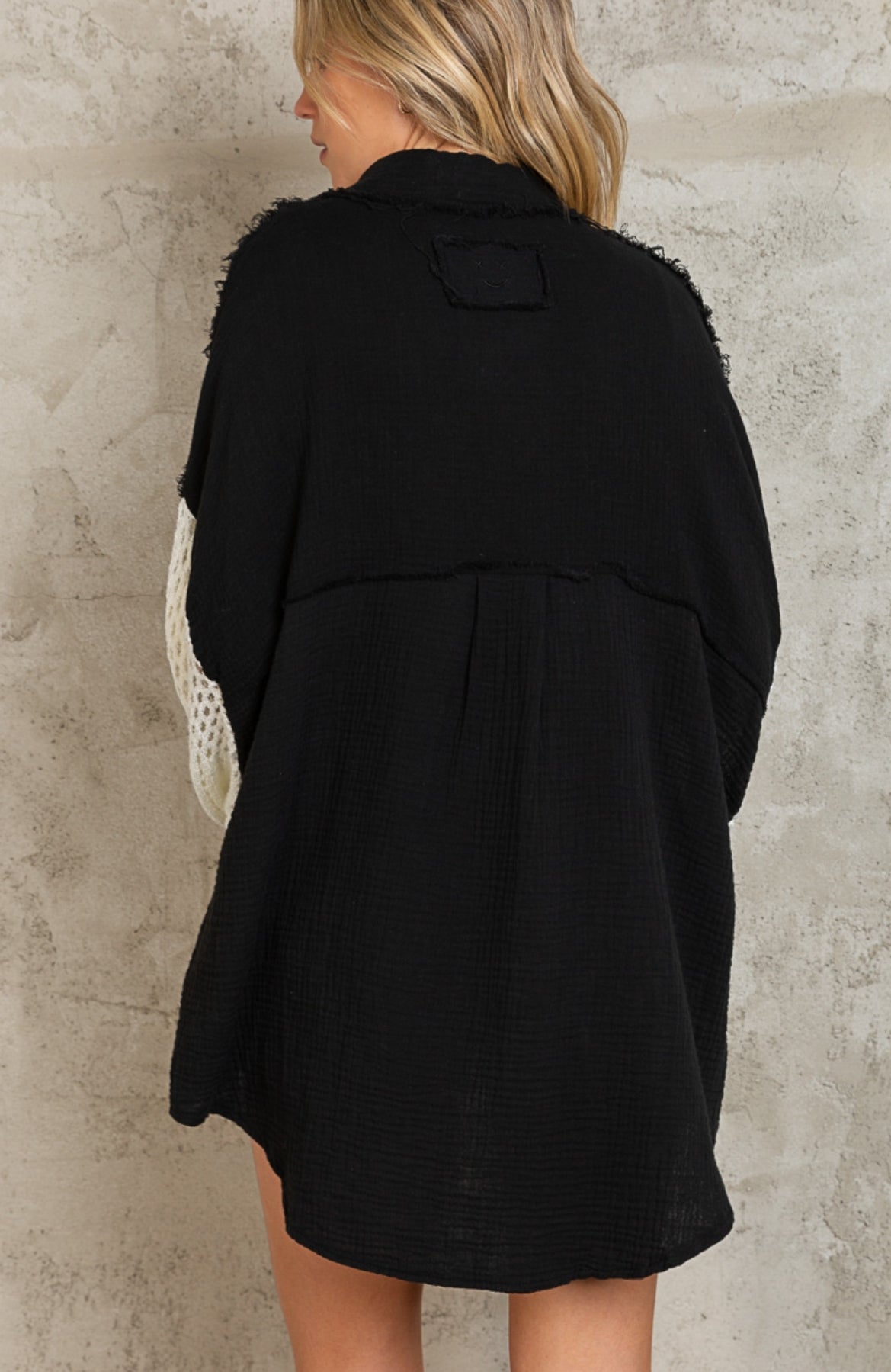 Guaze Button Down Shirt with Sweater sleeves in black