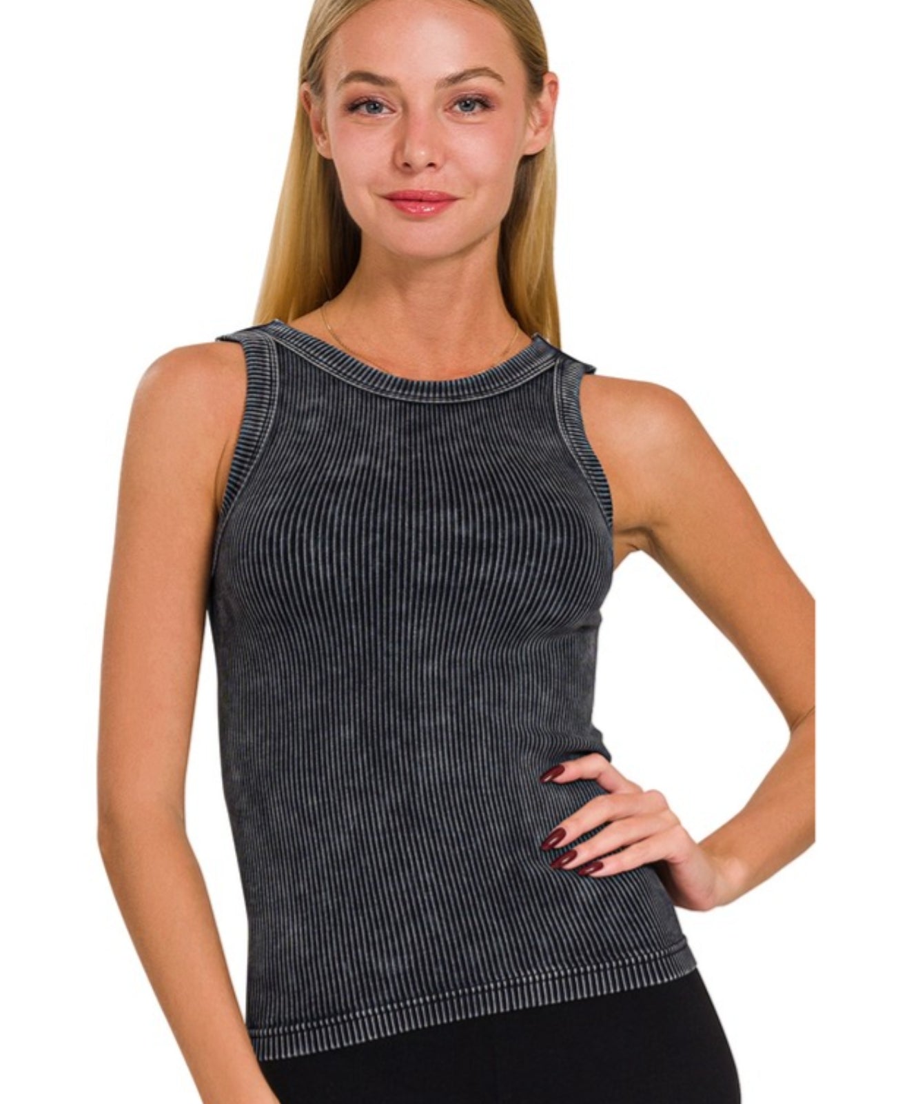 2 WAY NECKLINE WASHED RIBBED CROPPED TANK TOP in black