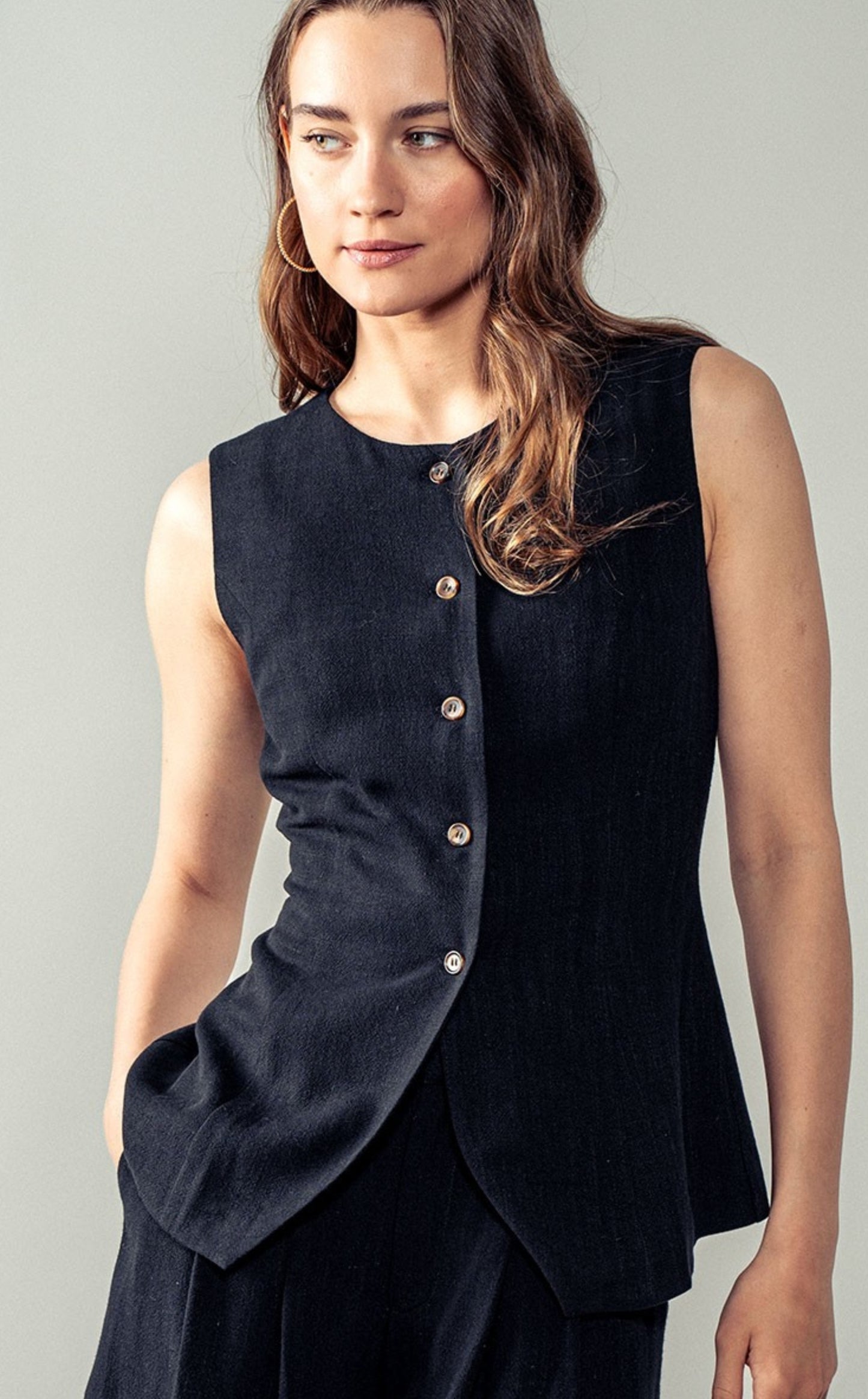 Black Button Down Sleeveless Vest