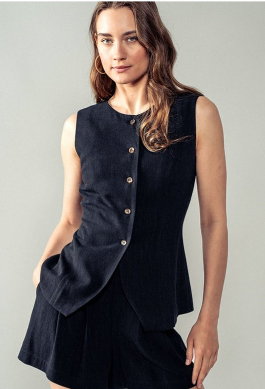 Black Button Down Sleeveless Vest