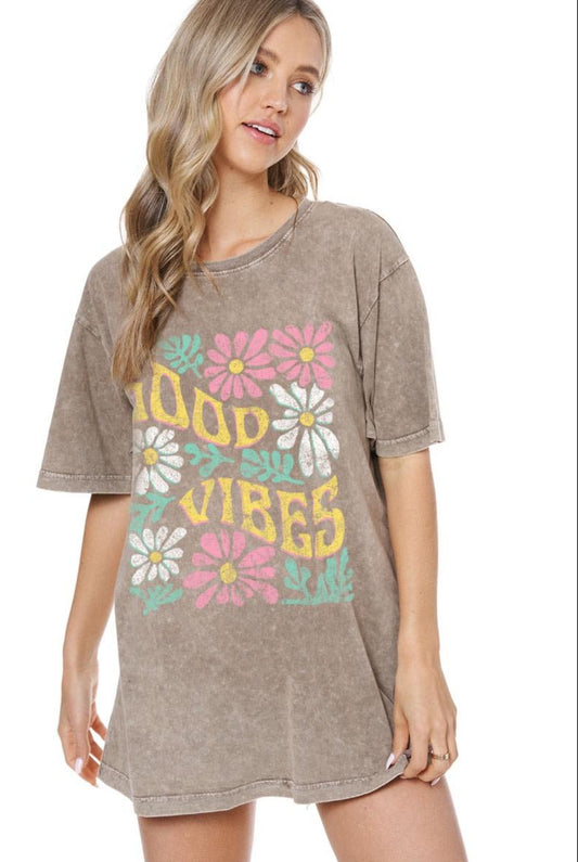 Good Vibes* Floral Vintage Graphic Washed Boyfriend Tee in mocha