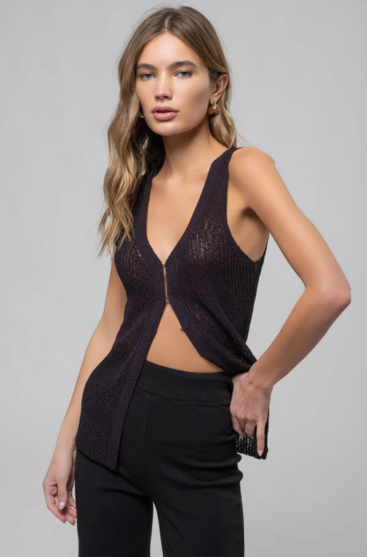 Longline Crochet Knit Sweater Vest in Black