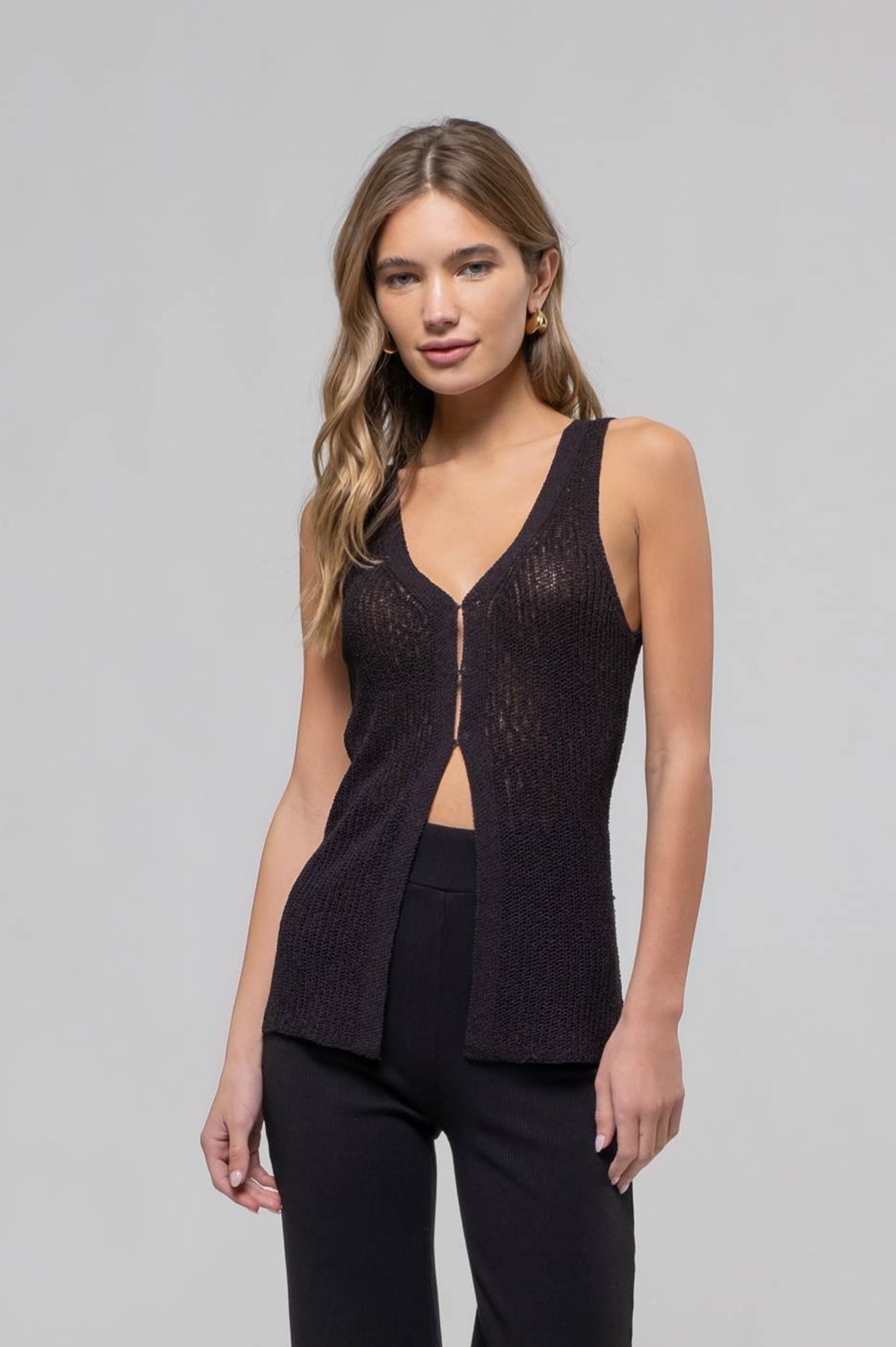 Longline Crochet Knit Sweater Vest in Black